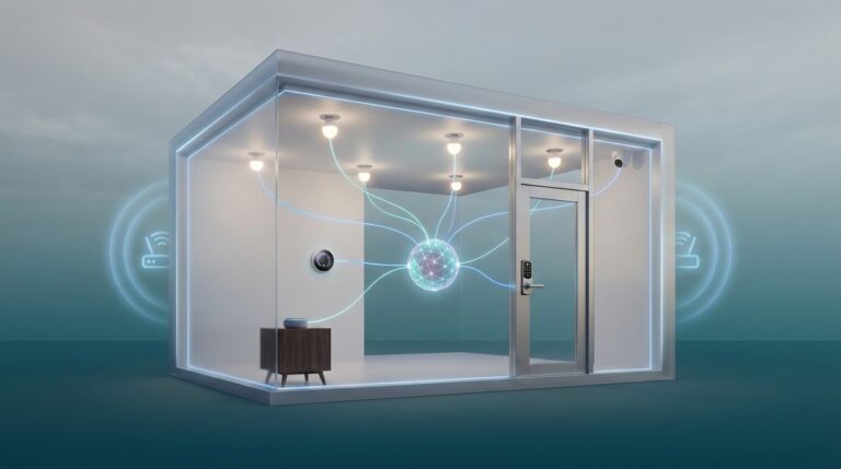 Illustration of Matter protocol linking smart home devices from Amazon, Apple, Google, and others.