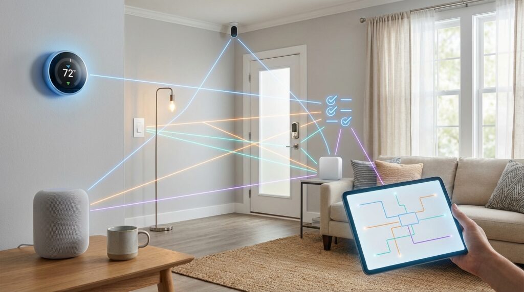 Smart home devices linked via Wi‑Fi, Zigbee, Thread—illustrating a compatibility checklist.