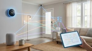 Smart home devices linked via Wi‑Fi, Zigbee, Thread—illustrating a compatibility checklist.