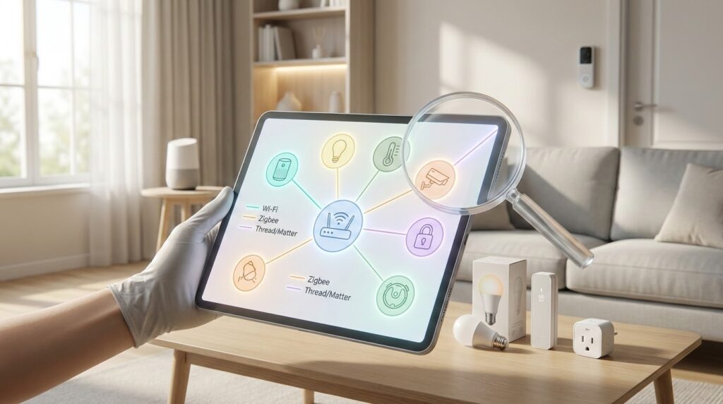 Smart devices checking Matter compatibility, ensuring they work together before buying