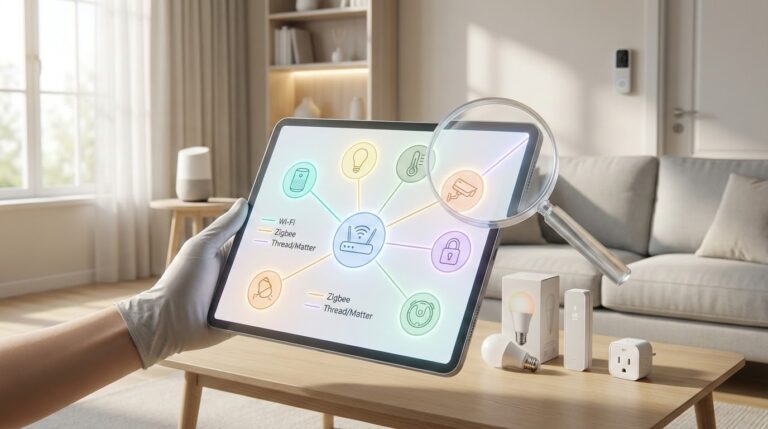 Smart devices checking Matter compatibility, ensuring they work together before buying