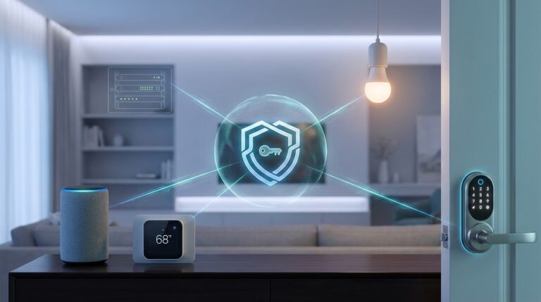 Diagram of Matter security model showing device authentication for smart home devices.