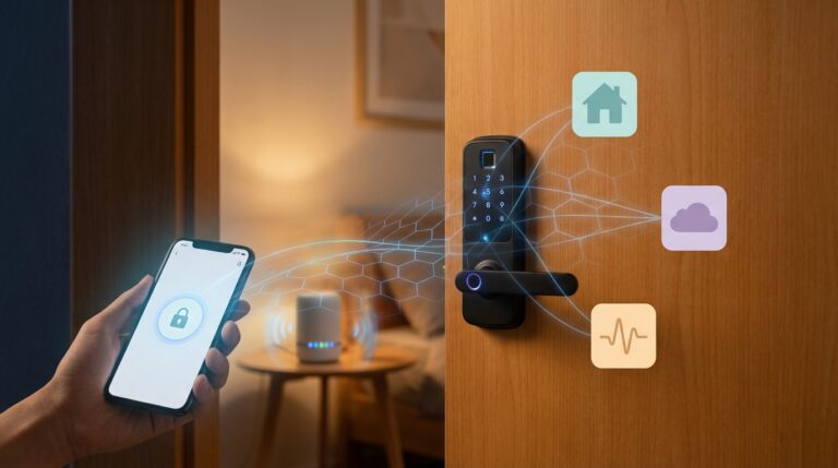 Smart lock with Matter badge illustrating universal home security connectivity.