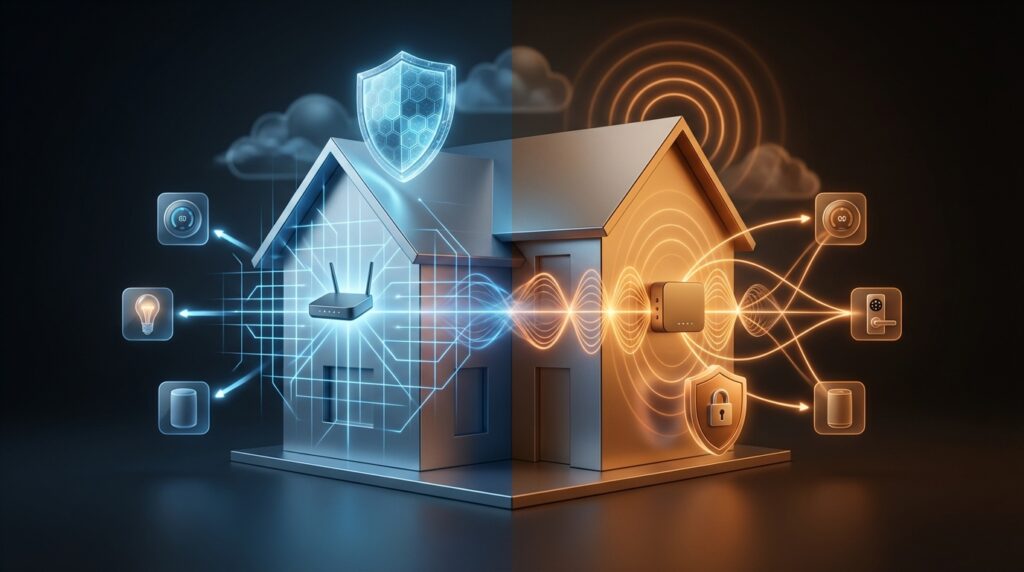 Side‑by‑side icons of Matter and Z‑Wave with a smart‑home network diagram