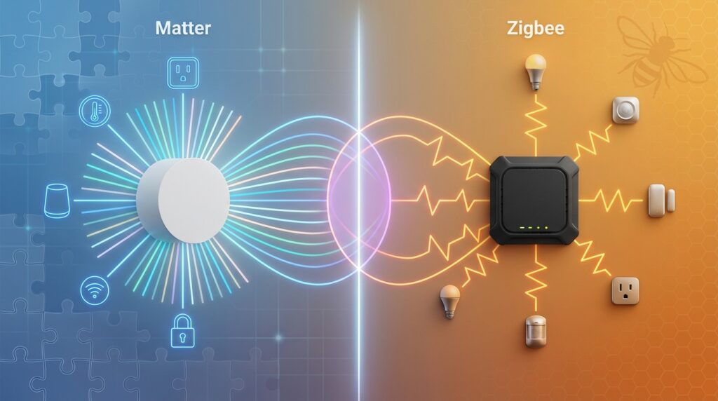 Matter vs Zigbee smart home standards comparison infographic 2026