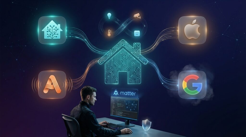 Icons of Home Assistant, Apple HomeKit, Amazon Alexa, and Google Home for power‑user comparison.