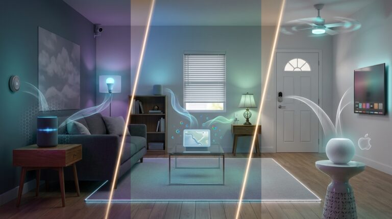 Alexa, Google Assistant, Siri icons with smart home devices – 2025 control comparison.
