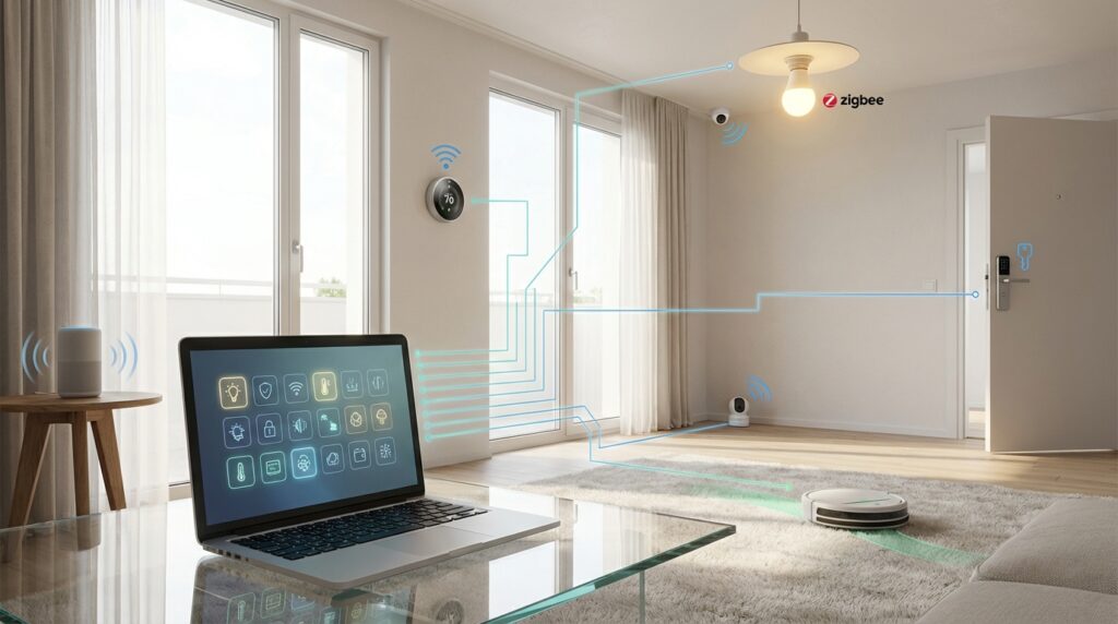 Smart home compatibility matrix diagram showing interconnected devices and wireless standards