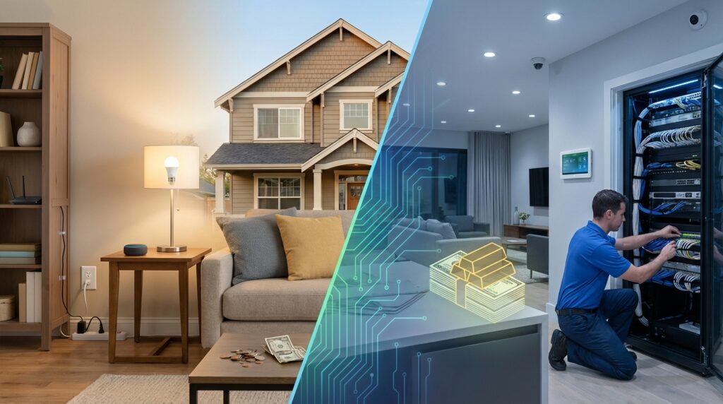 Home automation devices showing cost range from DIY kits to pro installations