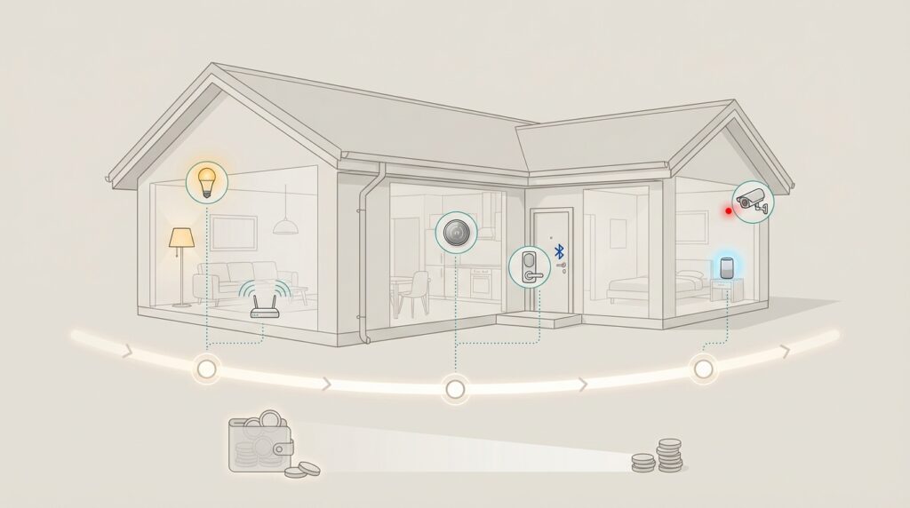Smart home blueprint showing phased upgrades, budget planning, and connected devices