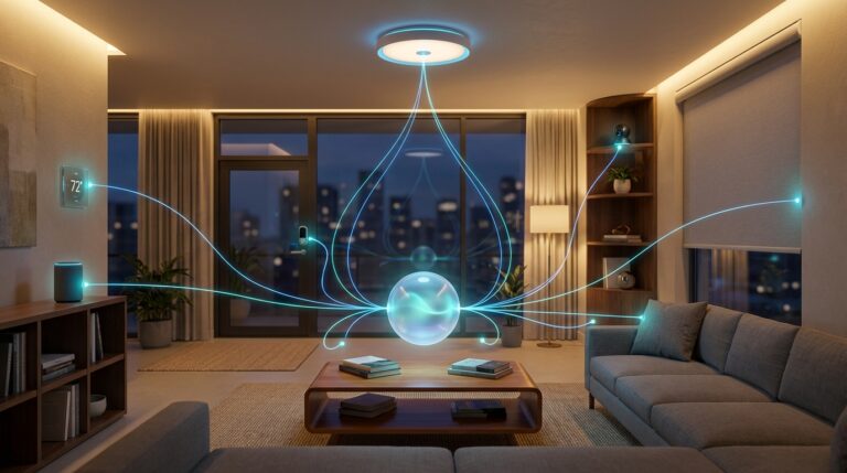 Smart home devices connected by Matter universal standard, showcasing future tech