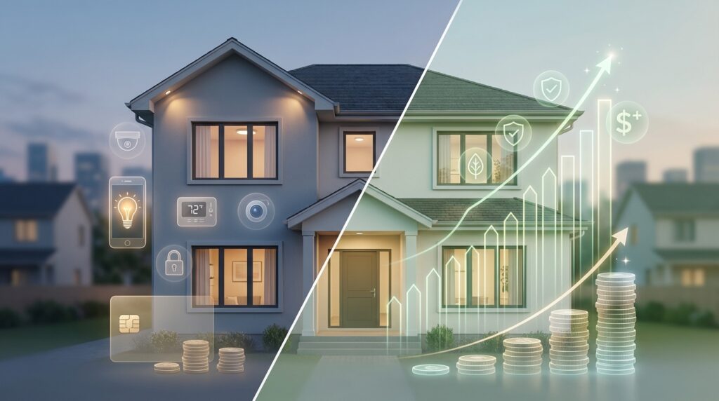 Smart home devices (phone‑controlled light, learning thermostat) illustrating cost vs value