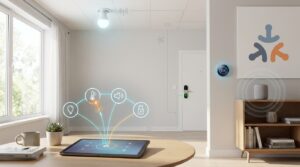 Smart home devices linked via Matter standard, showing Wi‑Fi, Thread and Ethernet connections