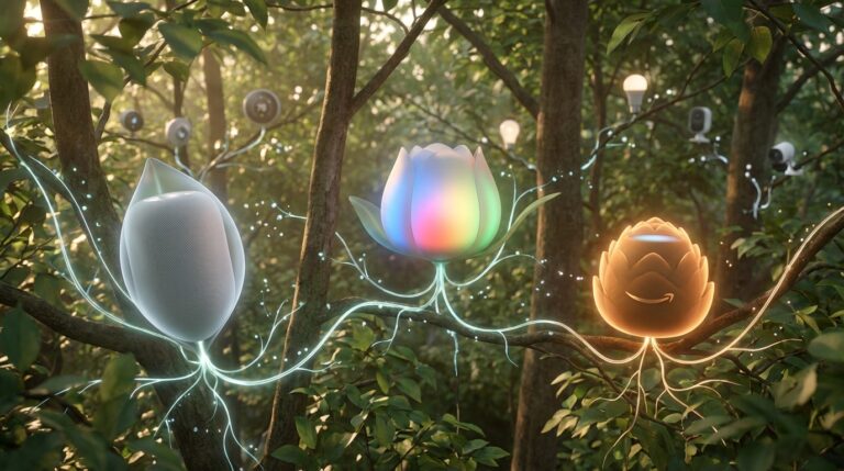 Smart home devices from Apple, Google, Amazon connected like a forest ecosystem via Matter