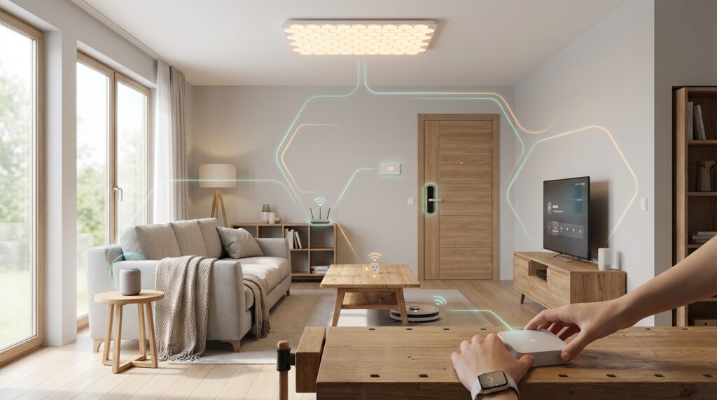 Matter‑based smart home automation with Wi‑Fi, Ethernet, and Thread mesh devices.