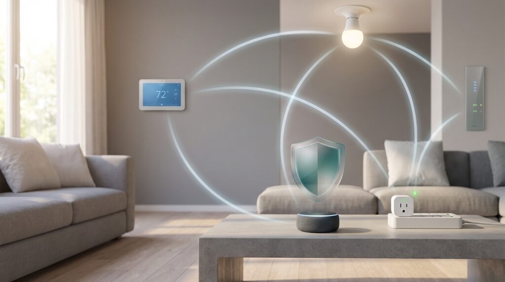 Matter certification badge on smart home product box, symbolizing secure, reliable compatibility.