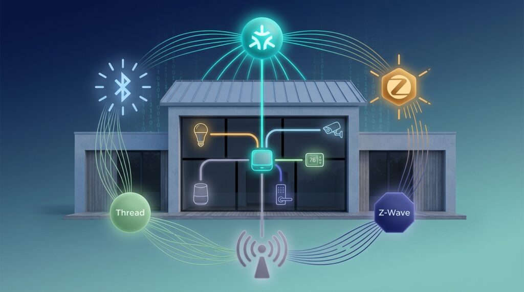 Smart home devices linked by various protocols, illustrating alternatives to Matter standard.