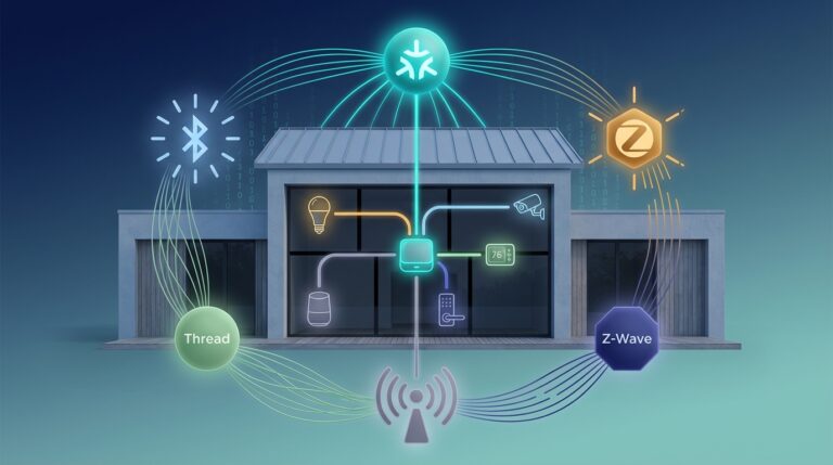 Smart home devices linked by various protocols, illustrating alternatives to Matter standard.
