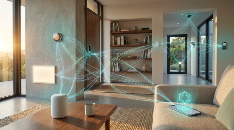 Illustration of Matter and Thread icons linking smart home devices for fast, reliable range
