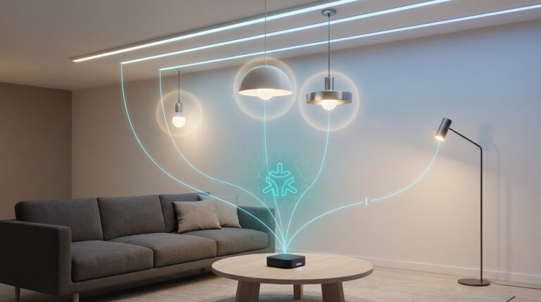 Smart lighting setup with Matter‑compatible bulbs and hub, illustrating unified home automation.