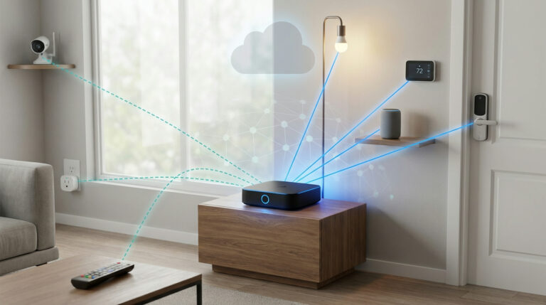 Central hub linking Matter smart devices with older home gadgets.