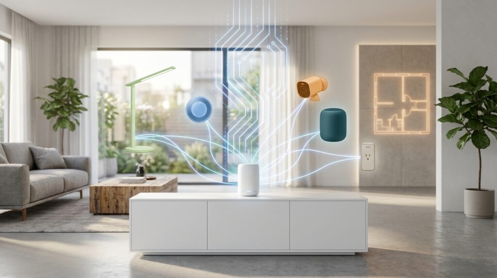 Smart home devices linked by Matter firmware update, showing unified connectivity across brands.