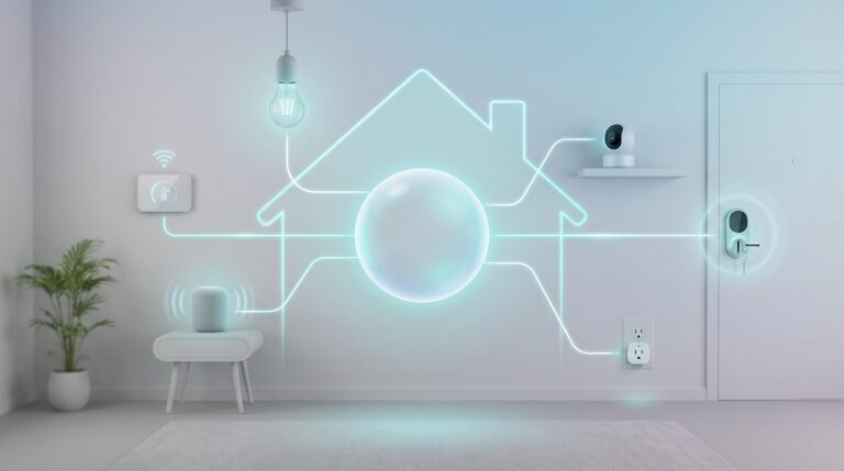 Smart home devices connected by Matter logo illustrating unified IoT control.